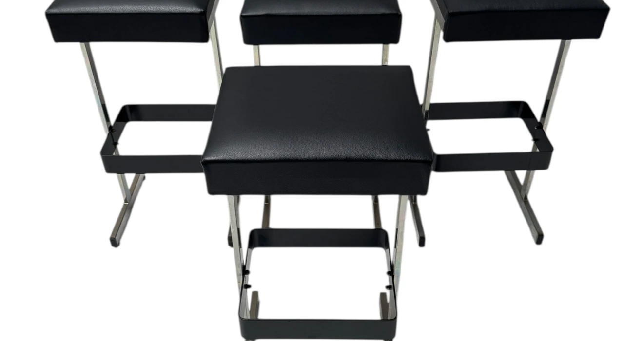 Four Mid-Century Modern Bar Stools with Black Leather Seats, 1970s